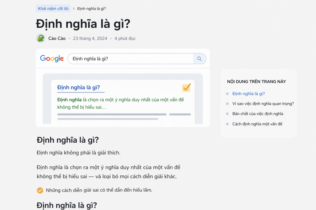 Định nghĩa là việc lựa chọn ý nghĩa chính xác nhất của một vấn đề, sau đó loại bỏ tất cả những hiểu lầm khác